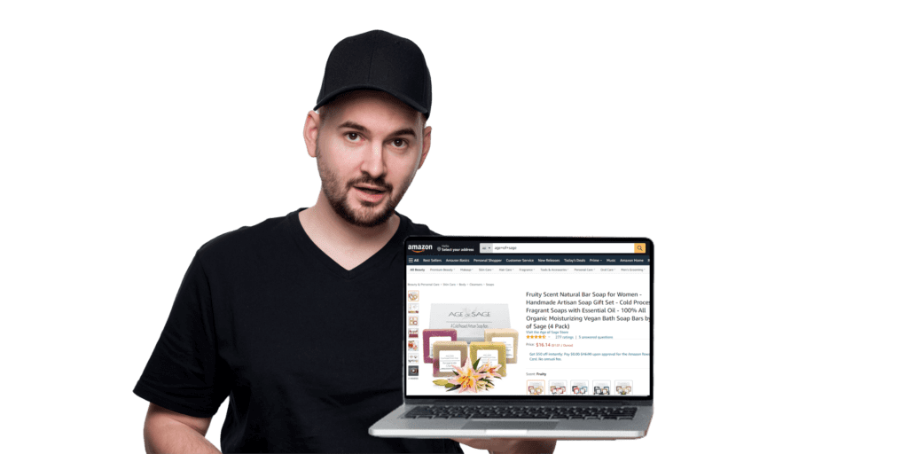 A man proficient in marketing and account management techniques is depicted holding up a laptop displaying an Amazon website, specifically focusing on seller central management.