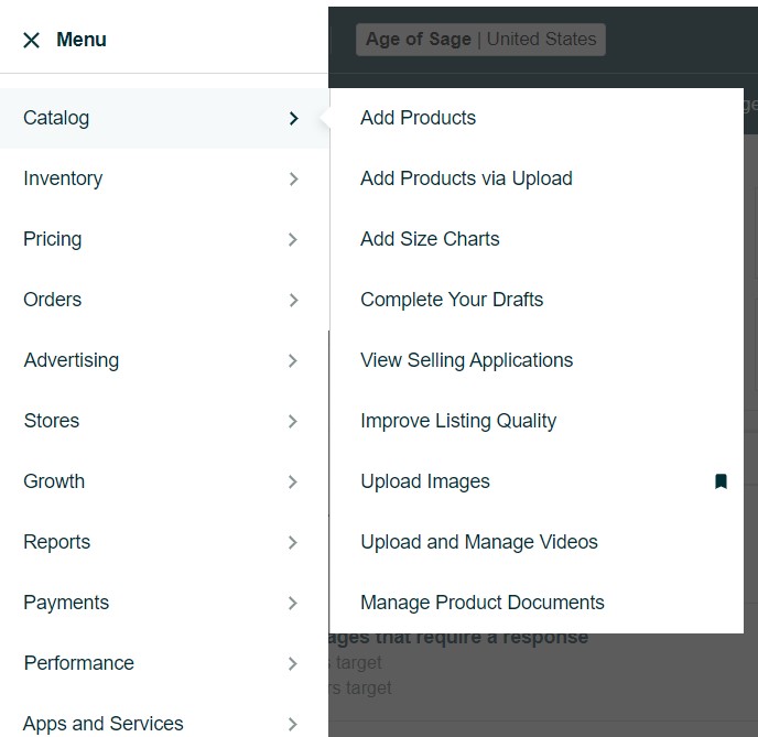 Seller Central Amazon Catalog Menu 2 Seller Central Amazon Catalog Menu