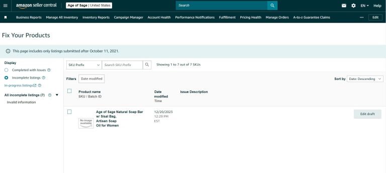 Seller Central Amazon Catalog Menu 4 Seller Central Amazon Complete Your Drafts