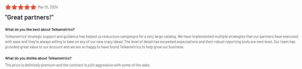 Full Service Amazon Agency vs Teikametrics Teikametrics G2 Good Review