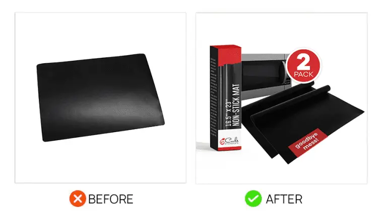 Before: Single black mat; After: Non-stick mat set with branded box and “2 pack” label in front of a microwave.