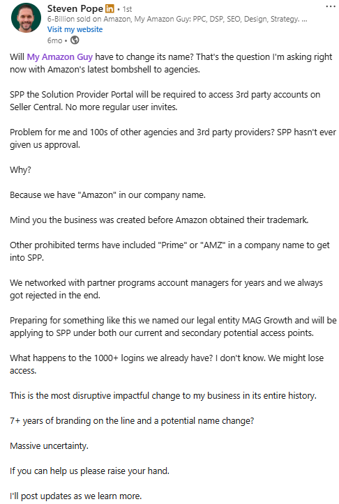 Amazon Solution Provider Portal Rejection LinkedIn post possible agency rename