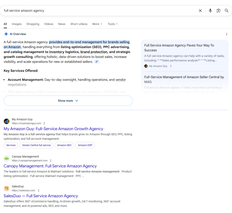 My Amazon Guy vs SalesDuo MAG ranks 1 and salesDuo ranks 3 for full service amazon agency on Google